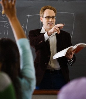 Professor and Student with Hand Raised